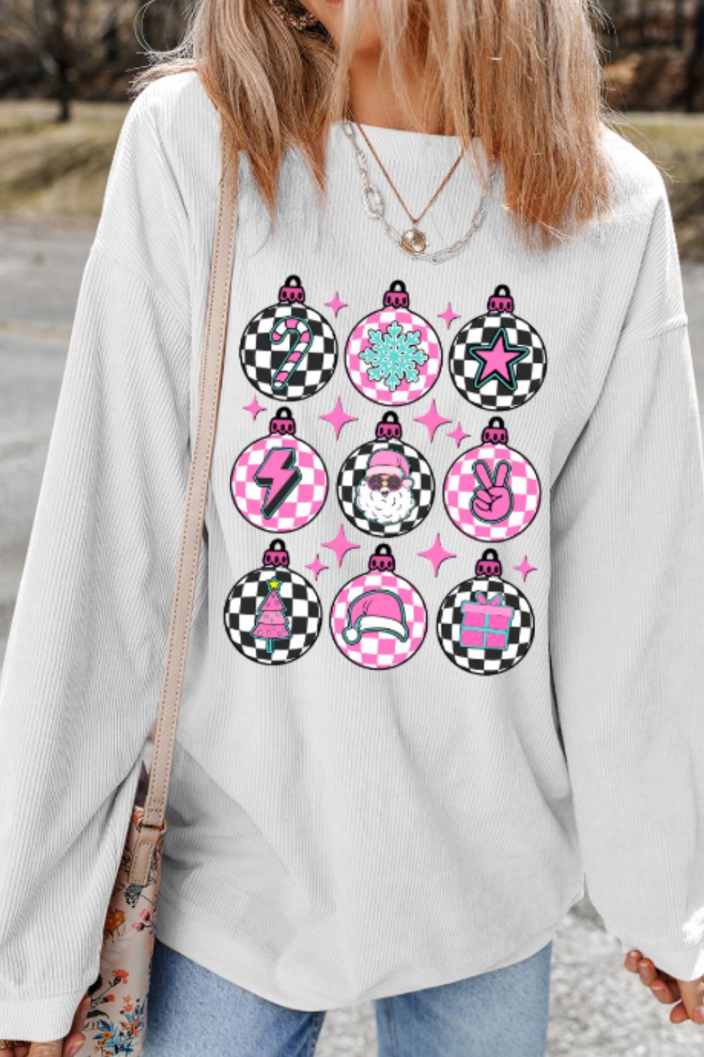 MQTIME  -  Christmas Pattern Drop Shoulder Ribbed Sweatshirt