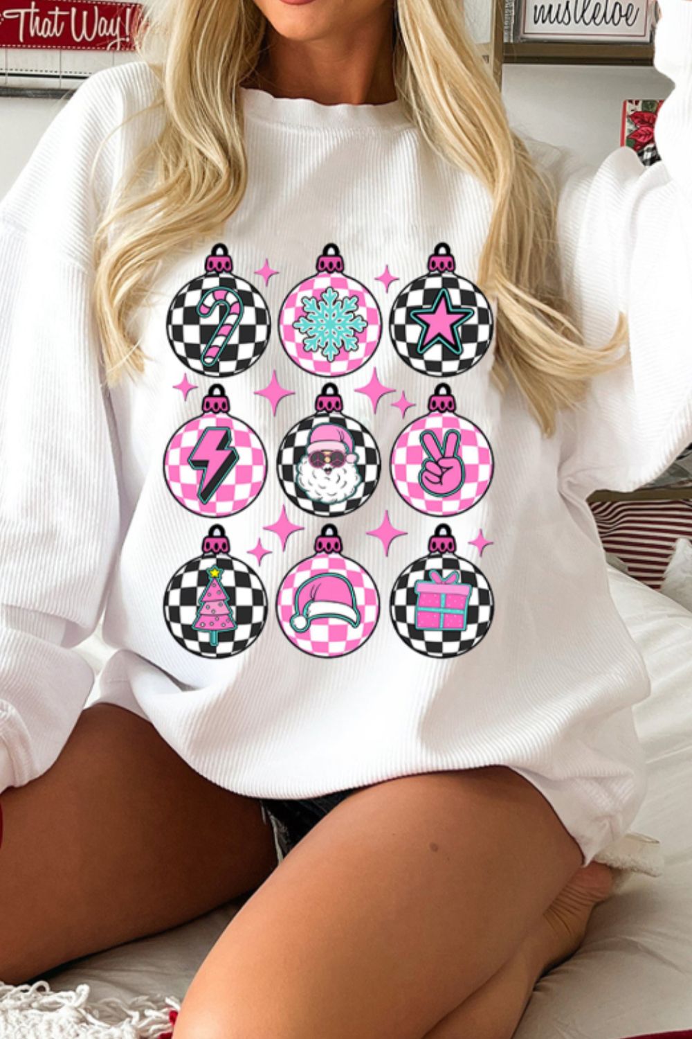 MQTIME  -  Christmas Pattern Drop Shoulder Ribbed Sweatshirt