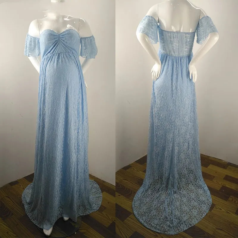 MQTIME  -  Pregnant Women Off Shoulder Ruffle Sleeve Lace Maternity Gown Maxi Photography Dress Elegant Pregnancy Dresses for Photo Shoot