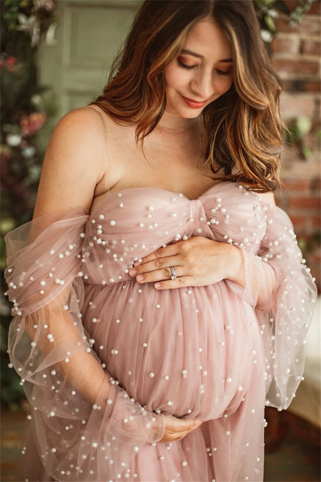 MQTIME  -  Romantic Pink Maternity Dresses For Babyshower Sweetheart Pearl Tulle Maternity Gown Photography Pregnancy Women Long Dress