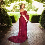 MQTIME  -  Pregnant Women Off Shoulder Ruffle Sleeve Lace Maternity Gown Maxi Photography Dress Elegant Pregnancy Dresses for Photo Shoot
