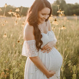 MQTIME  -  Pregnant Women Off Shoulder Ruffle Sleeve Lace Maternity Gown Maxi Photography Dress Elegant Pregnancy Dresses for Photo Shoot