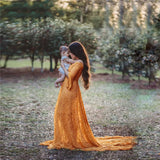 MQTIME  -   Ginger Lace Maternity Dresses For Photo Shoot Pregnancy Women Dress For Photography Long Tail Baby Shower Dress Flare Sleeve