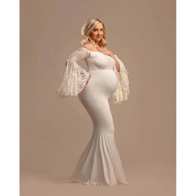 MQTIME  -   Lace Pagoda Sleeve Dresses Pregnancy Dress Photography Maternity Photography Props Fishtail Maternity Dresses For Photo Shoot