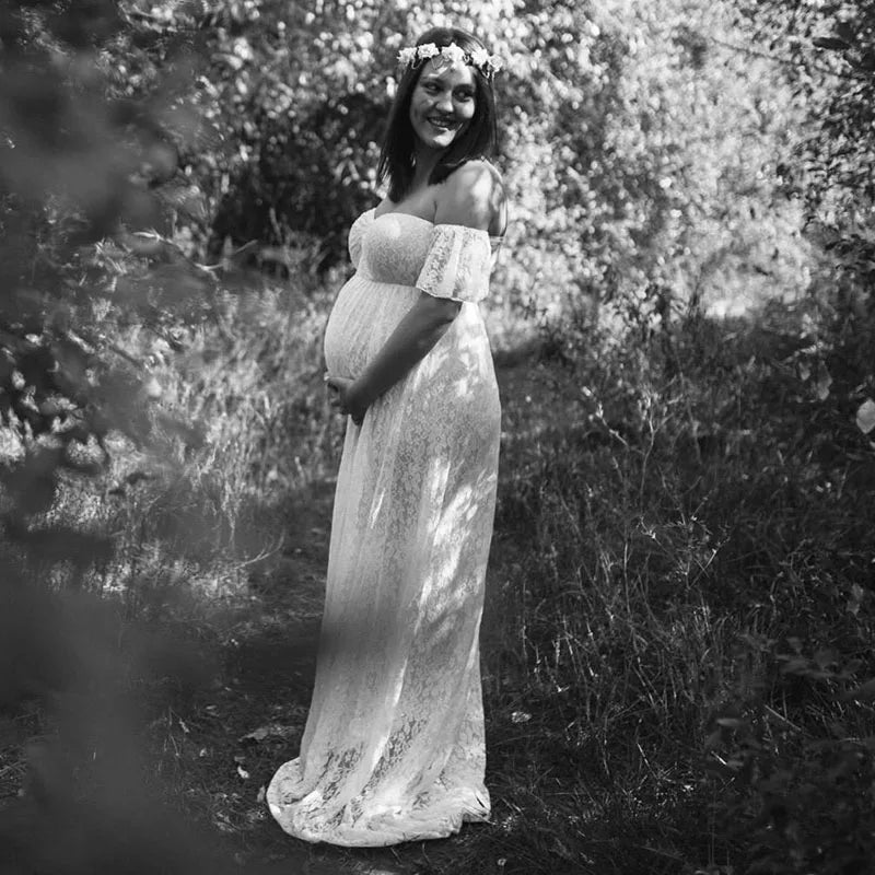MQTIME  -  Pregnant Women Off Shoulder Ruffle Sleeve Lace Maternity Gown Maxi Photography Dress Elegant Pregnancy Dresses for Photo Shoot