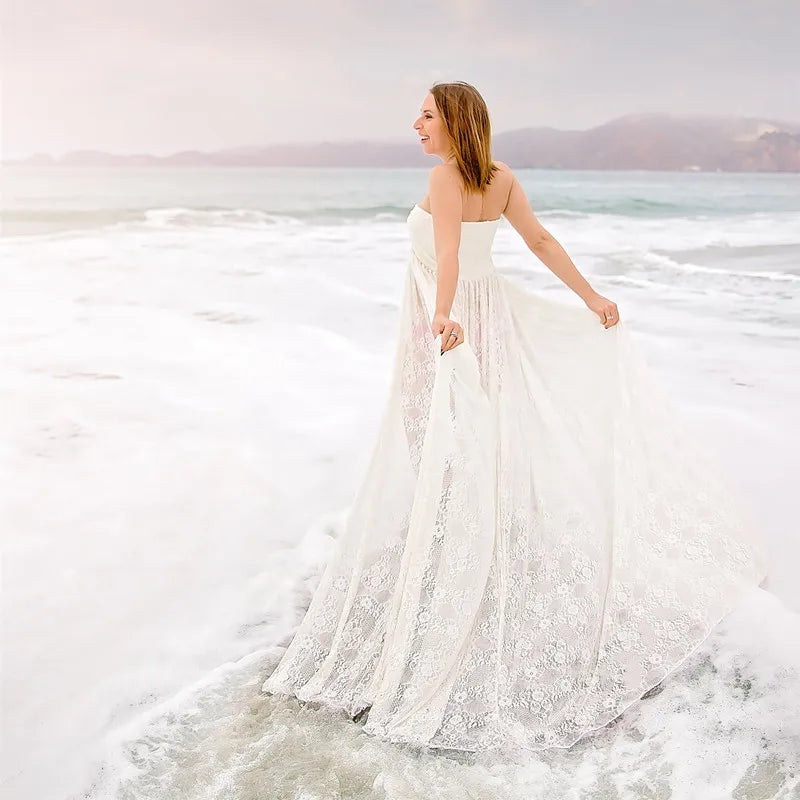 MQTIME  -  Summer Maternity Photography Long Dress Off-the Shoulder Maternity Lace Dresses For Photo Shoot Front Slit