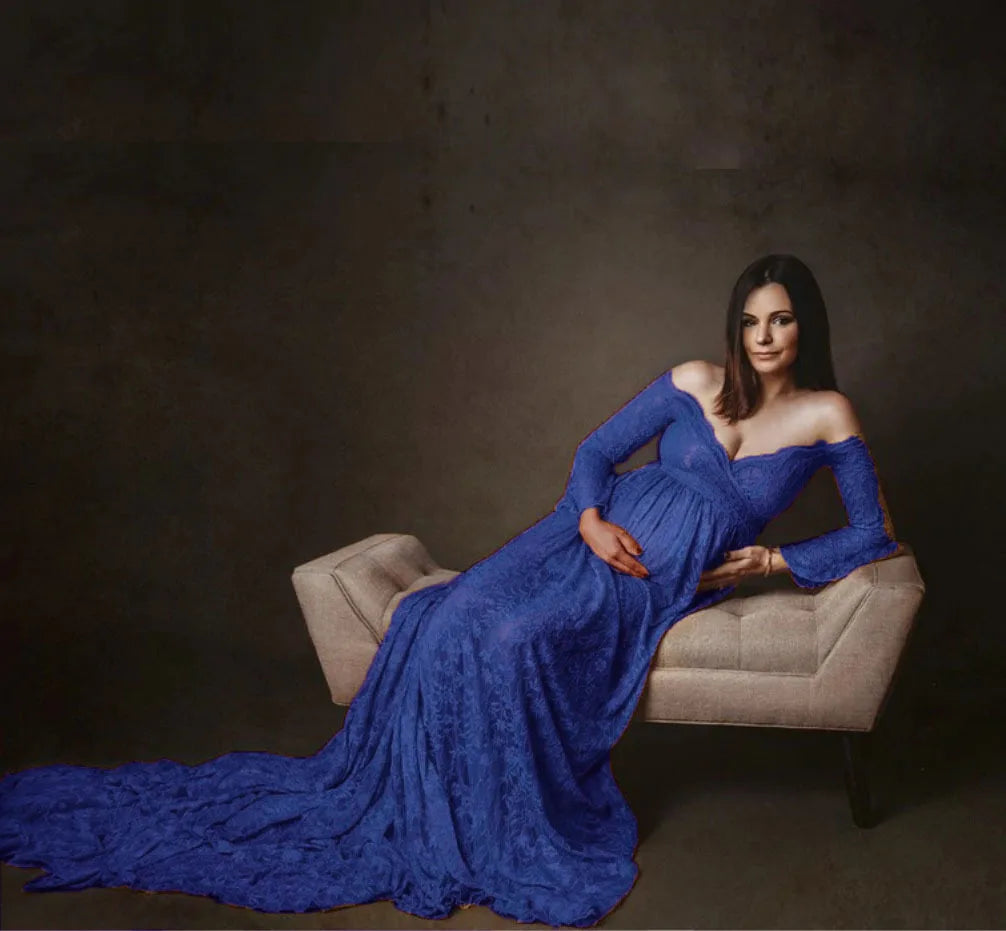 MQTIME  -   Ginger Lace Maternity Dresses For Photo Shoot Pregnancy Women Dress For Photography Long Tail Baby Shower Dress Flare Sleeve