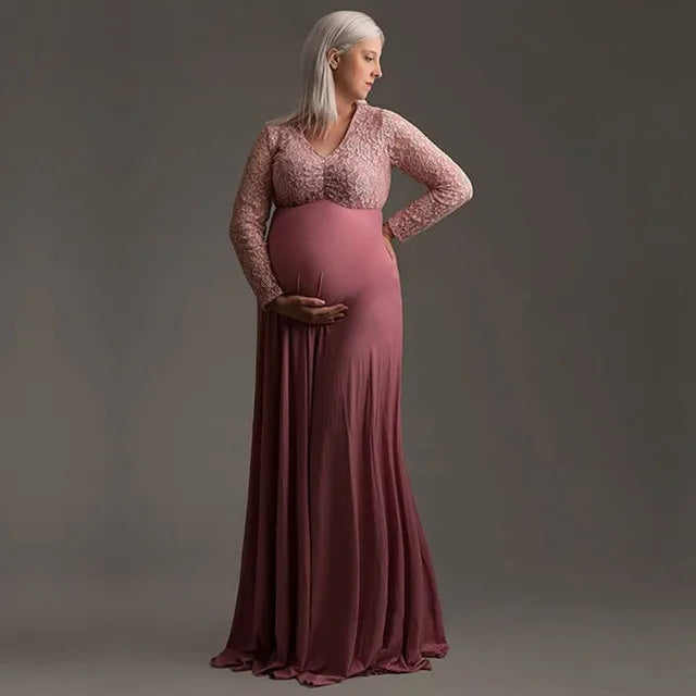 MQTIME  -  Women V-neck Lace Stitching Pregnants Photography Props  Long Maternity Dress Одежда Для Беременных Maternity Clothes