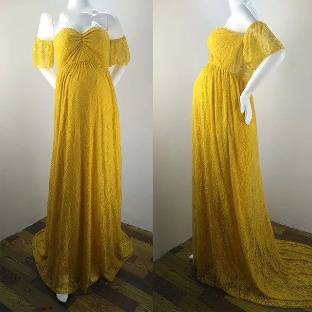 MQTIME  -  Pregnant Women Off Shoulder Ruffle Sleeve Lace Maternity Gown Maxi Photography Dress Elegant Pregnancy Dresses for Photo Shoot
