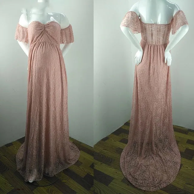 MQTIME  -  Pregnant Women Off Shoulder Ruffle Sleeve Lace Maternity Gown Maxi Photography Dress Elegant Pregnancy Dresses for Photo Shoot