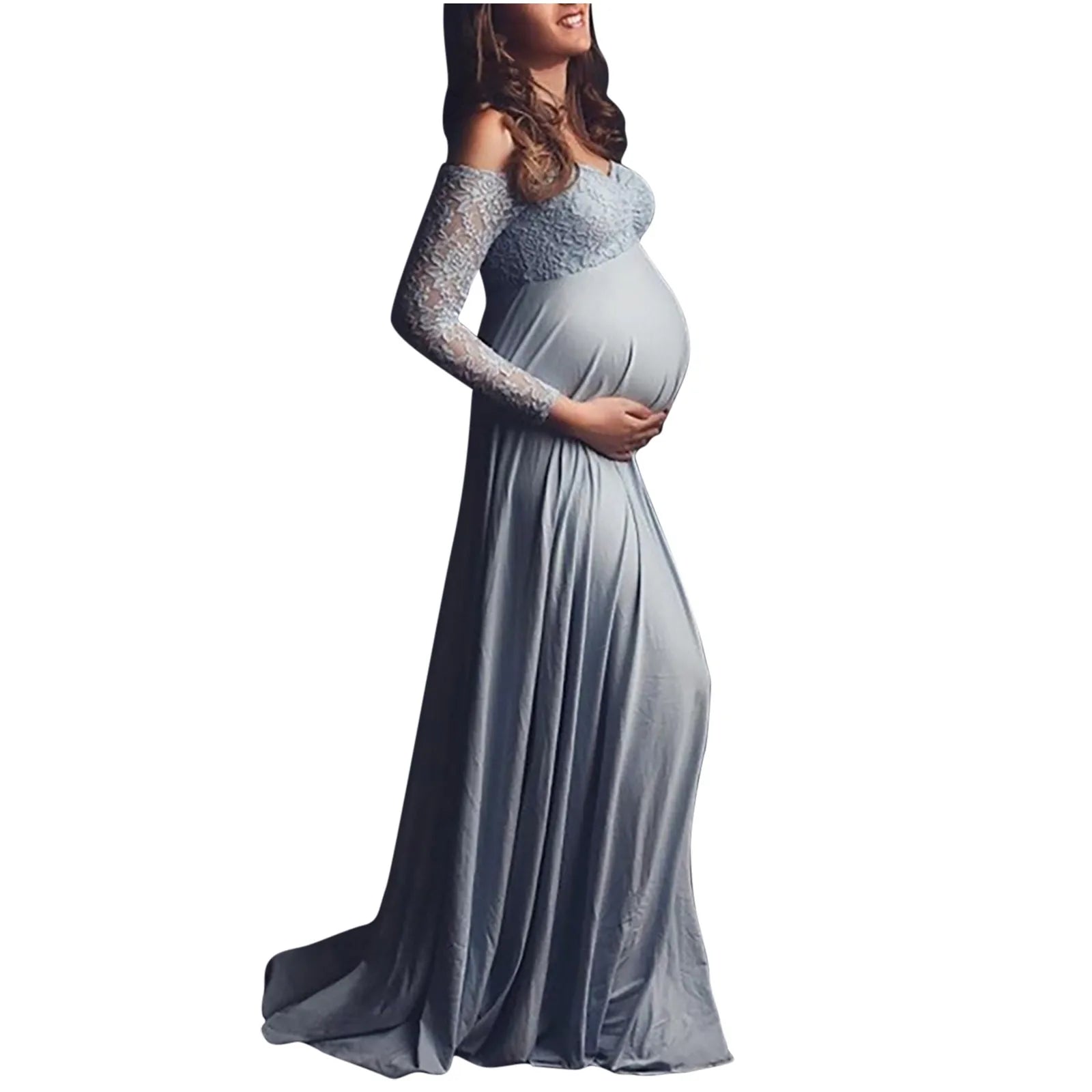 MQTIME  -  Women V-neck Lace Stitching Pregnants Photography Props  Long Maternity Dress Одежда Для Беременных Maternity Clothes