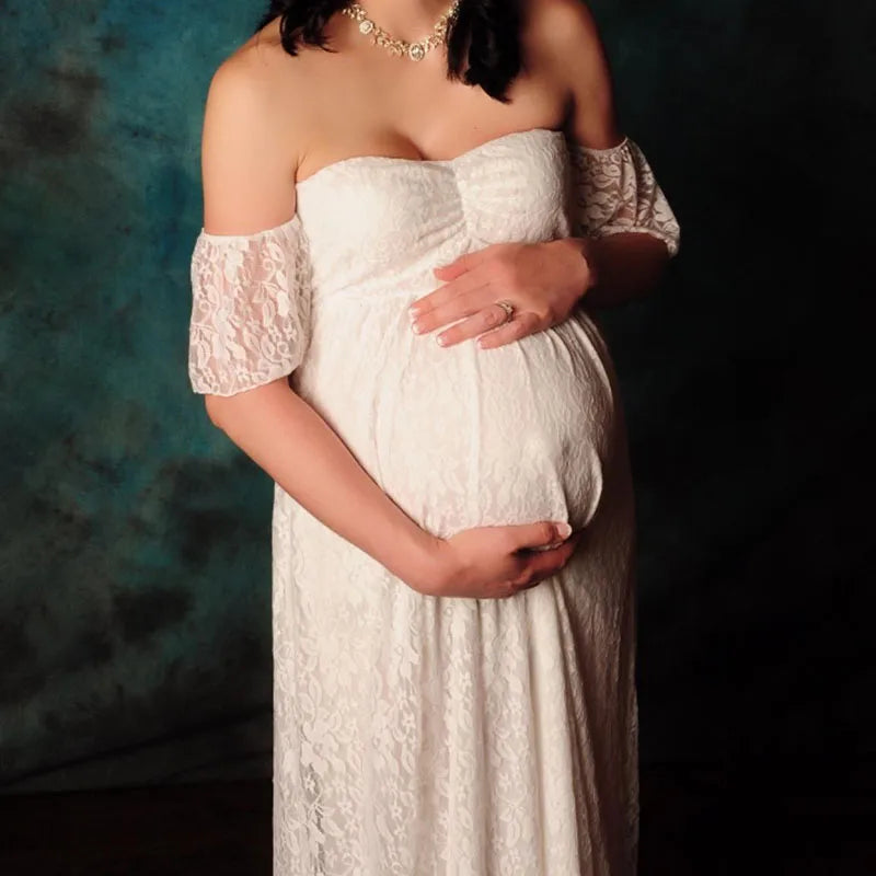 MQTIME  -  Pregnant Women Off Shoulder Ruffle Sleeve Lace Maternity Gown Maxi Photography Dress Elegant Pregnancy Dresses for Photo Shoot