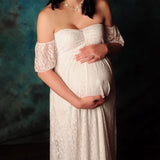 MQTIME  -  Pregnant Women Off Shoulder Ruffle Sleeve Lace Maternity Gown Maxi Photography Dress Elegant Pregnancy Dresses for Photo Shoot