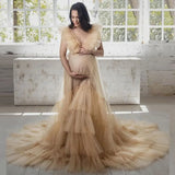 MQTIME -  Fluffy Tulle Maternity Dresses Champagne Ruffles Tulle Ladies Lush Photo Shoot Elegant Pregnancy Dresses With Lining