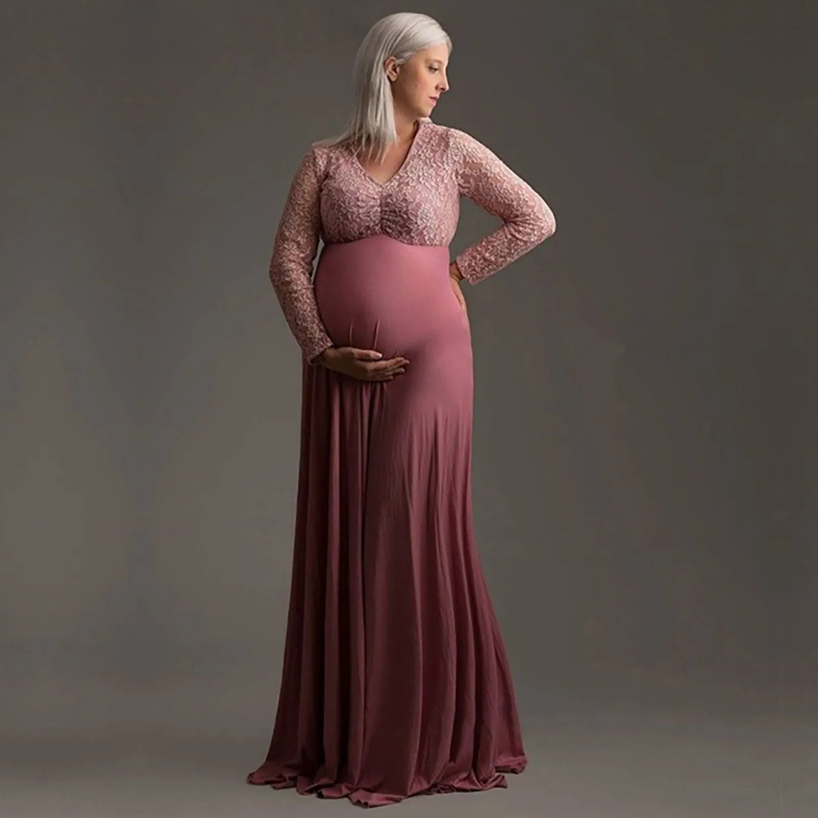 MQTIME  -  Women V-neck Lace Stitching Pregnants Photography Props  Long Maternity Dress Одежда Для Беременных Maternity Clothes