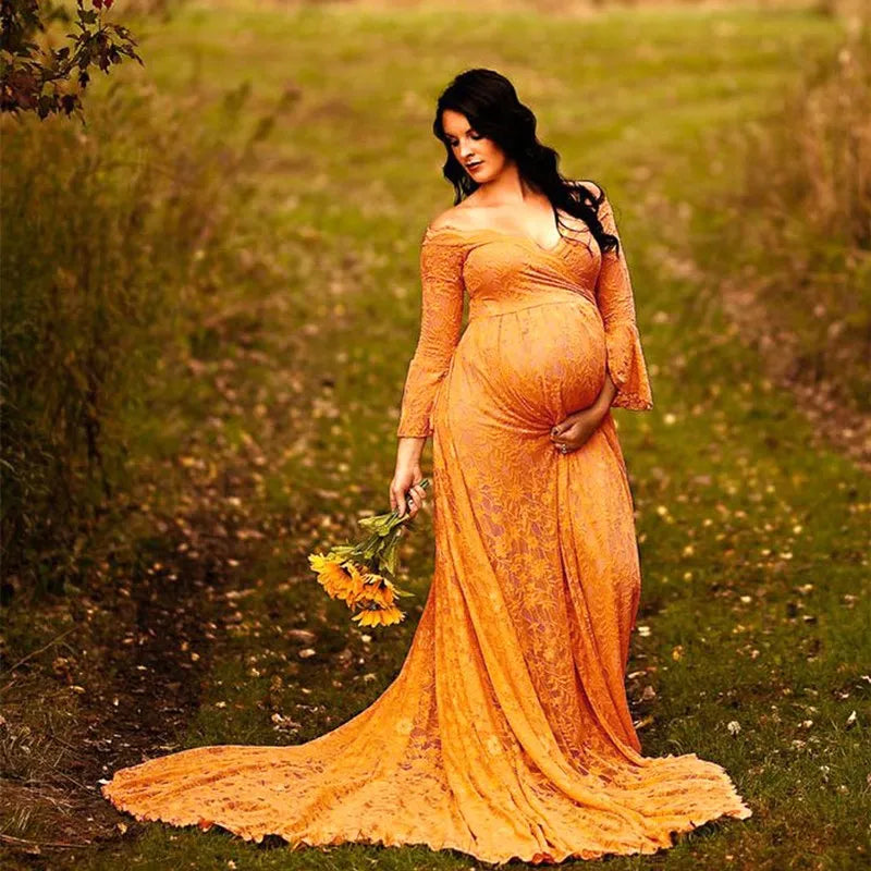 MQTIME  -   Ginger Lace Maternity Dresses For Photo Shoot Pregnancy Women Dress For Photography Long Tail Baby Shower Dress Flare Sleeve