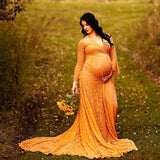 MQTIME  -   Ginger Lace Maternity Dresses For Photo Shoot Pregnancy Women Dress For Photography Long Tail Baby Shower Dress Flare Sleeve