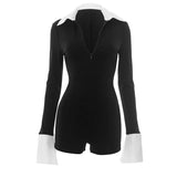 MQTIME  -  Women Fashion Commuter Clothing Color Contrasting Zipper Turn-down Neck  Long sleeved Tight Sexy High Waist Shorts Jumpsuit