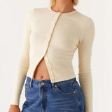 MQTIME  -  Women's Summer Y2K Basic Cropped Tops Ribbed Button-down Front Long Sleeve Simple Slim Fit Grunge T-Shirt Streetwear