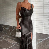 MQTIME  -  Elegant Halter Swing Neck Vacation Dress Women Sexy Split Sleeveless Slim Beach Party Dress Fashion Polka Dot Sling Long Dresses