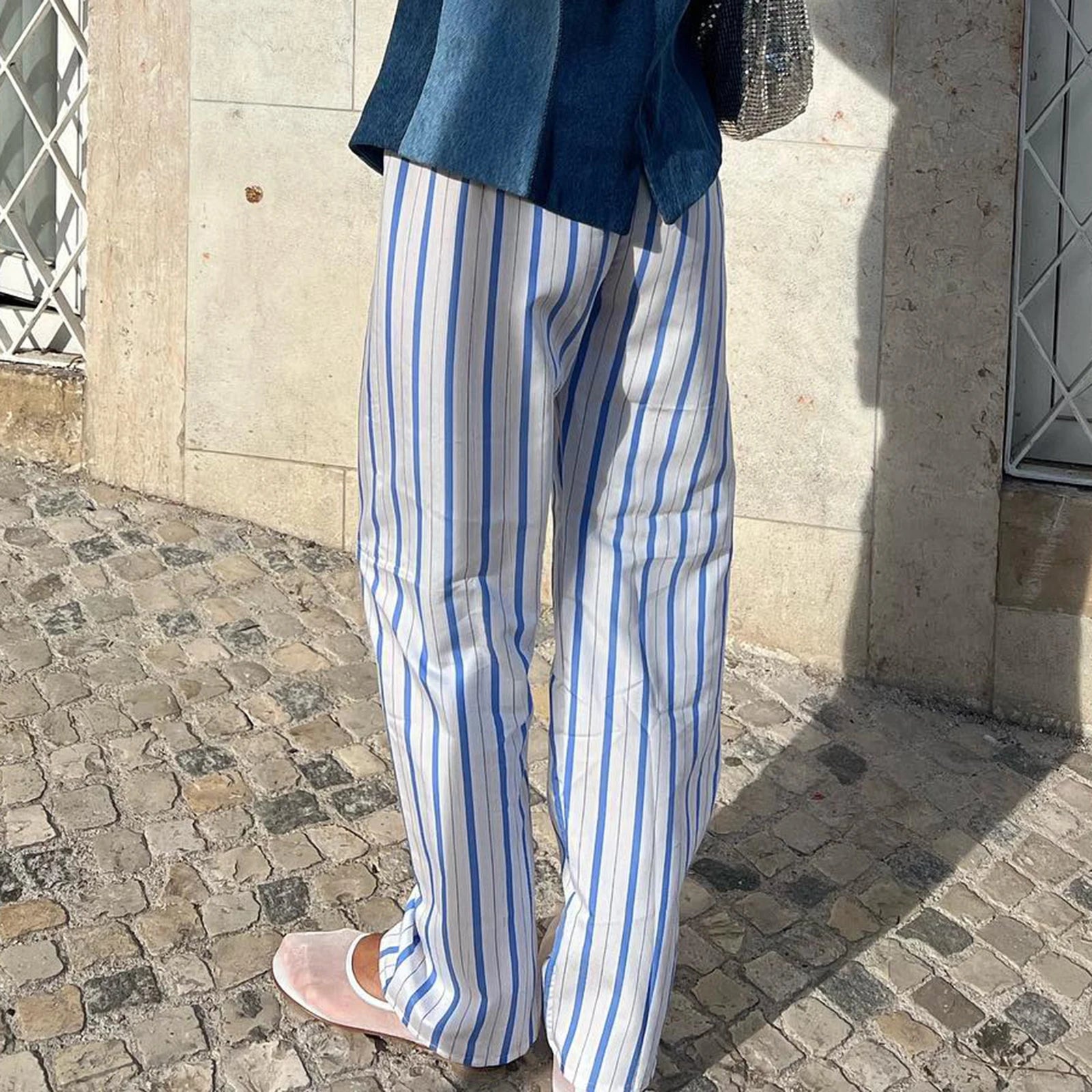 MQTIME  -  Womens Casual Cleanfit Striped Pants Elastic Low Waist Striped/Plaid Loose Aesthetic Trousers Streetwear with Pockets