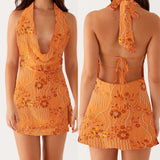 MQTIME  -  Women Sleeveless Beaded Floral Embroidery Straps Lace-up Halter Cowl V-Neck High Slit Tied Backless Mini A-line Dress