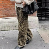MQTIME  -  Women's Leopard Print High-Waisted Trousers - Button-Fly Wide Leg Pants with Belt Loops, Retro Fall Winter Street Style