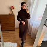 MQTIME  -  Ribbed Knitted Midi Dress Women Fashion High Neck Full Sleeve Side Slit Dresses 2025 Autumn Winter Female Daily Casual New Robe