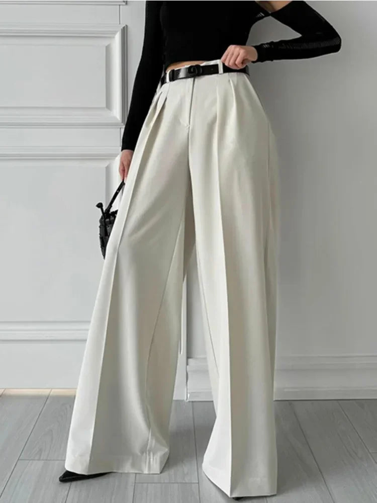 MQTIME  -  Women's Loose Fit Casual Suit Pants Split-Joint High Waist Floor Length Trousers Straight Pants for Office Ladies