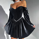 MQTIME  -  Sexy Velvet Strapless Short Party Dress Women Off Shoulder Long Sleeve Bandage Dresses 2025 Autumn New Lady Christmas Vestidos