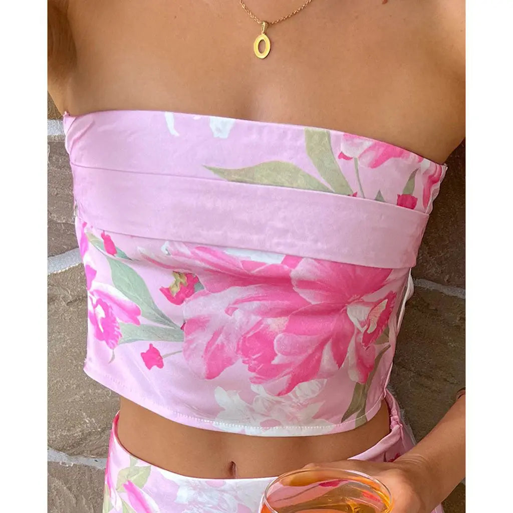 MQTIME  -  Women's Summer Y2K Flower Print Crop Tube Tops Boho Sleeveless Off Shoulder Strapless Slim Fit Back Hole Bandeau