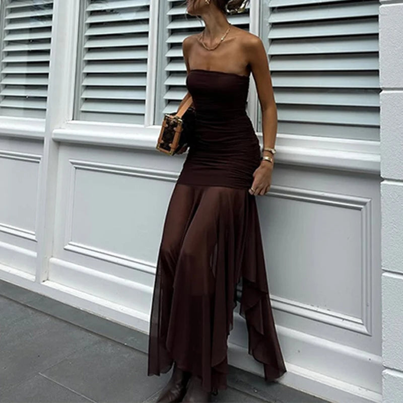 MQTIME  -  Women Sexy Strapless Mesh Patchwork Irregular Hem Party Long Dress Pleated Tight Backless Club Sleeveless Summer Vestidos