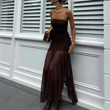 MQTIME  -  Women Sexy Strapless Mesh Patchwork Irregular Hem Party Long Dress Pleated Tight Backless Club Sleeveless Summer Vestidos