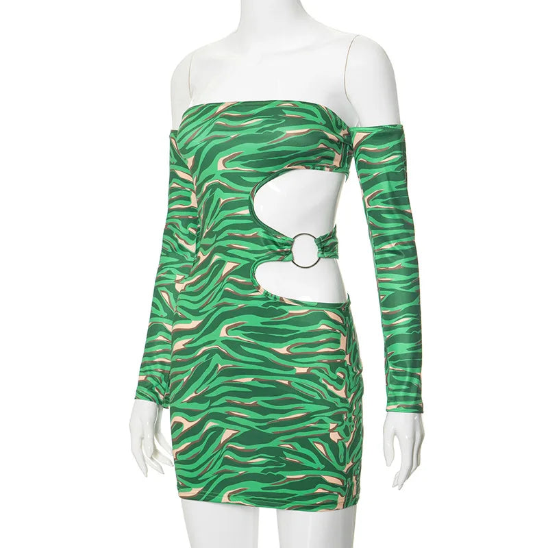 MQTIME  - 2024 Spring Hollow Out Printed Women Bodycon Mini Dress Fashion Sexy Strapless Off Shoulder Long Sleeve Backless Party Clubwear