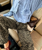 MQTIME  -  Women's Leopard Print High-Waisted Trousers - Button-Fly Wide Leg Pants with Belt Loops, Retro Fall Winter Street Style