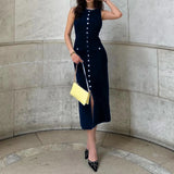 MQTIME  -  Women's Vintage Elegant Ribbed Knit Slim Sleeveless Button Down Front High Split Long Tank OL Dress for Party Club