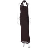 MQTIME  -  Women Gown Strapless Vestidos Brown Halter Off-shoulder Sexy Maxi Dress Sleeveless Backless Folds Club Party Long Dresses