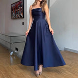 MQTIME  -  2025 Summer Retro Style Satin Spaghetti Strap Evening Dress Fashion High Waist A-line Ruched Banquet Gowns for Laies