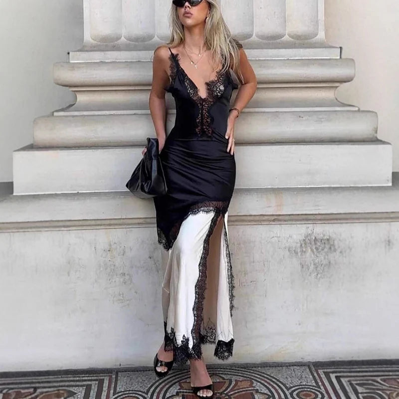 MQTIME  -  Contrast Color Lace Patchwork Satin Split Dress Women Sleeveless Backless Strap Sexy Party Chic Dresses 2025 New Street Robe