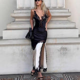 MQTIME  -  Contrast Color Lace Patchwork Satin Split Dress Women Sleeveless Backless Strap Sexy Party Chic Dresses 2025 New Street Robe