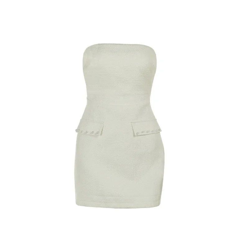 MQTIME  -  Y2k Pearl Dress Sets Women Autumn Long Sleeve Coat And Mini Dress Two Piece Sets Femme Sexy Strapless Dress Matching Sets