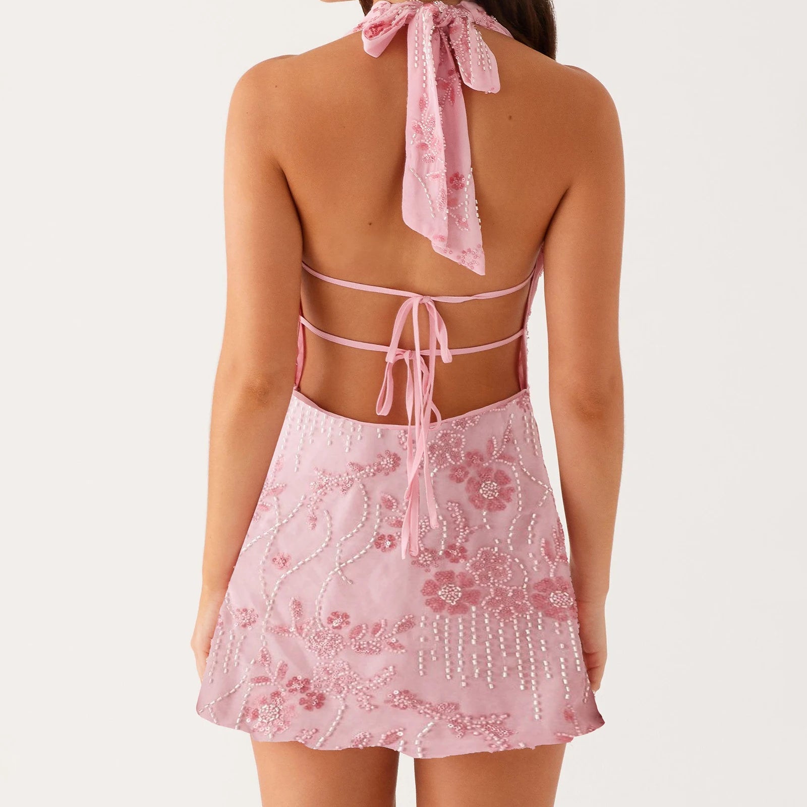 MQTIME  -  Women Sleeveless Beaded Floral Embroidery Straps Lace-up Halter Cowl V-Neck High Slit Tied Backless Mini A-line Dress