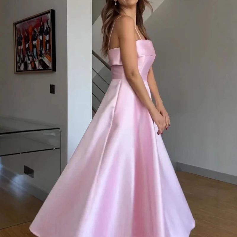 MQTIME  -  2025 Summer Retro Style Satin Spaghetti Strap Evening Dress Fashion High Waist A-line Ruched Banquet Gowns for Laies