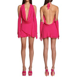 MQTIME  -  Summer Womens Sexy Solid Color Tie Up Hanging V-Neck Cold Shoulder Flare Long Sleeve Backless Short Mini Ruffle Dress