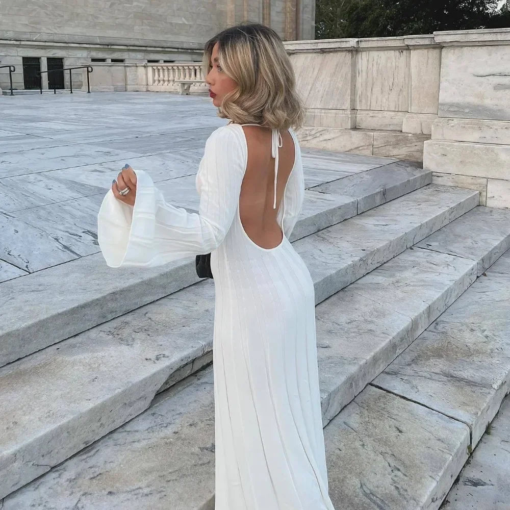 MQTIME  -  White Backless Knitted Maxi Dress for Women Elegant Flare Long Sleeve Bodycon Party Dresses Lady Holidays Club Evening Outfits