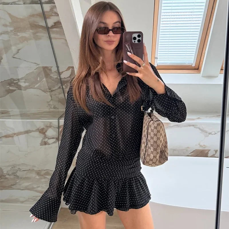 MQTIME  -  New Fashionable Polo Collar Patchwork Dot Mini Dress For Women Patchwork See-Through Elegant Party Dress Women's Autumn Dress