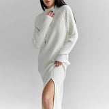 MQTIME  -  Ribbed Knitted Midi Dress Women Fashion High Neck Full Sleeve Side Slit Dresses 2025 Autumn Winter Female Daily Casual New Robe