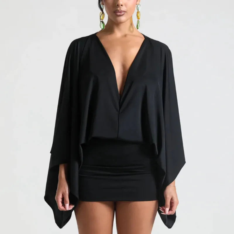 MQTIME  -   Sexy Deep V-neck Hollow Slim Hip Dresses Woman Spring Solid Elegant Commute Lady Dress Autumn Long Sleeve Satin Mini Dress Mujer