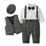 MQTIME  -  Baby Boy Formal Suit  Party Birthday Wedding Toddler Boys Outfit  Jumpsuit+Waistcoat+Beret+Bowtie+Suspender 0-3 Months