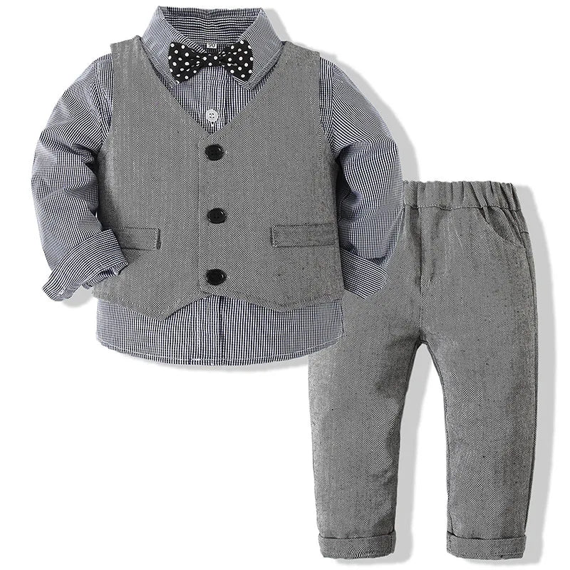 MQTIME  -  3Piece Spring Autumn Newborn Boy Clothes Korean Fashion Gentleman Plaid Cotton Vest+Tops+Pants Baby Clothing Kids Outfit BC1510